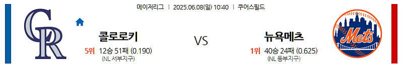 6월 8일 콜로라도 vs 뉴욕 메츠: 시티 필드에서 펼쳐지는 인터리그 맞대결! 로키스의 이변이냐, 메츠의 홈 강세냐? MLB 전문가 분석!