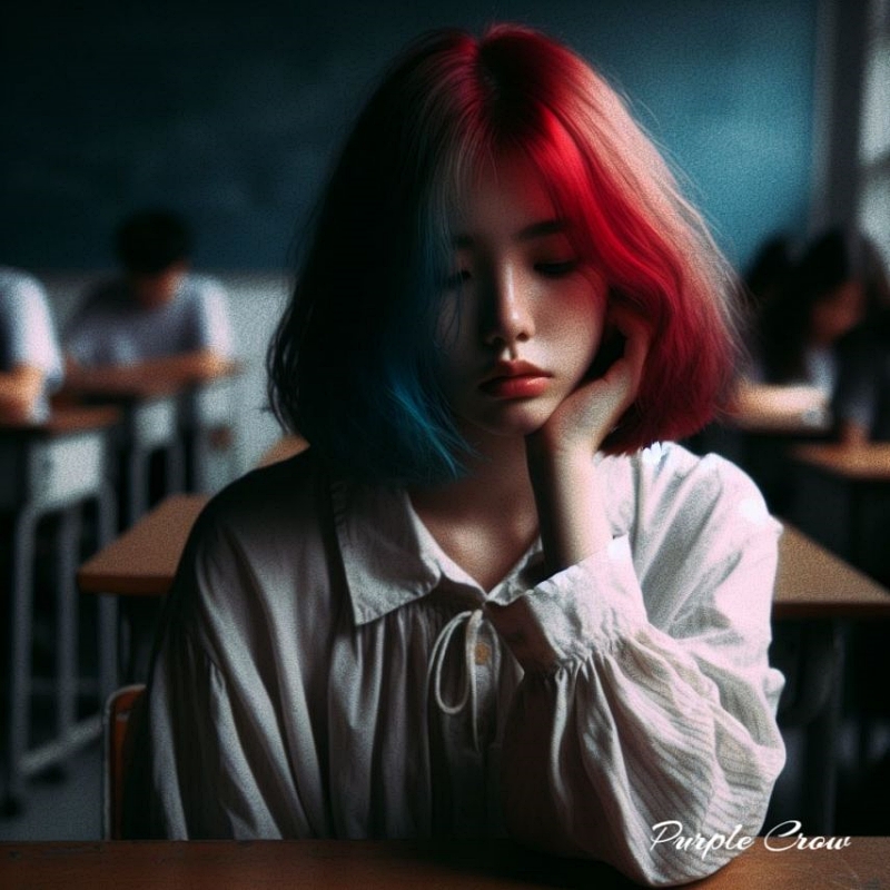 빨강 파랑 헤어의 우울한 소녀