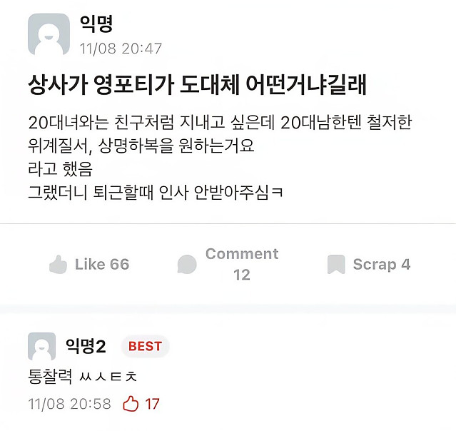 영포티의 핵심을 꿰뚫은 블라 유저